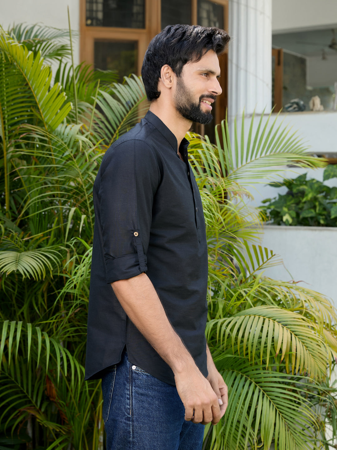 Men Black Deluxe Cotton Short Kurta