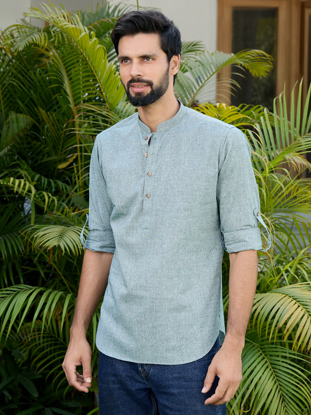 Men Green Pure Cotton Short Kurta