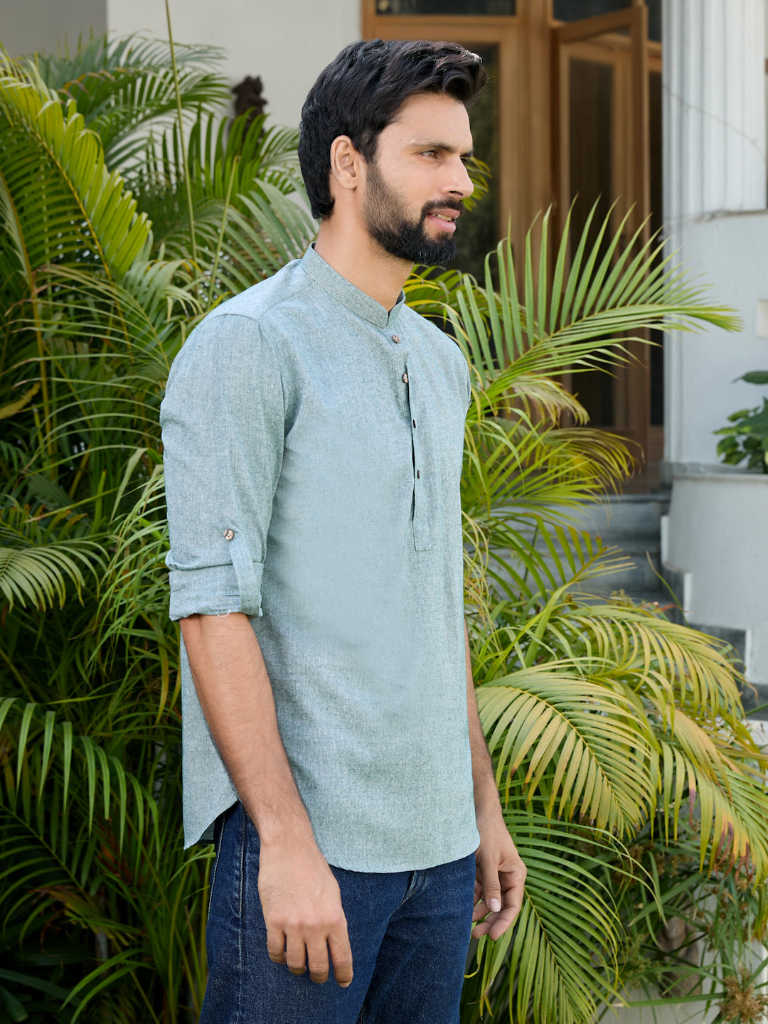 Men Green Pure Cotton Short Kurta