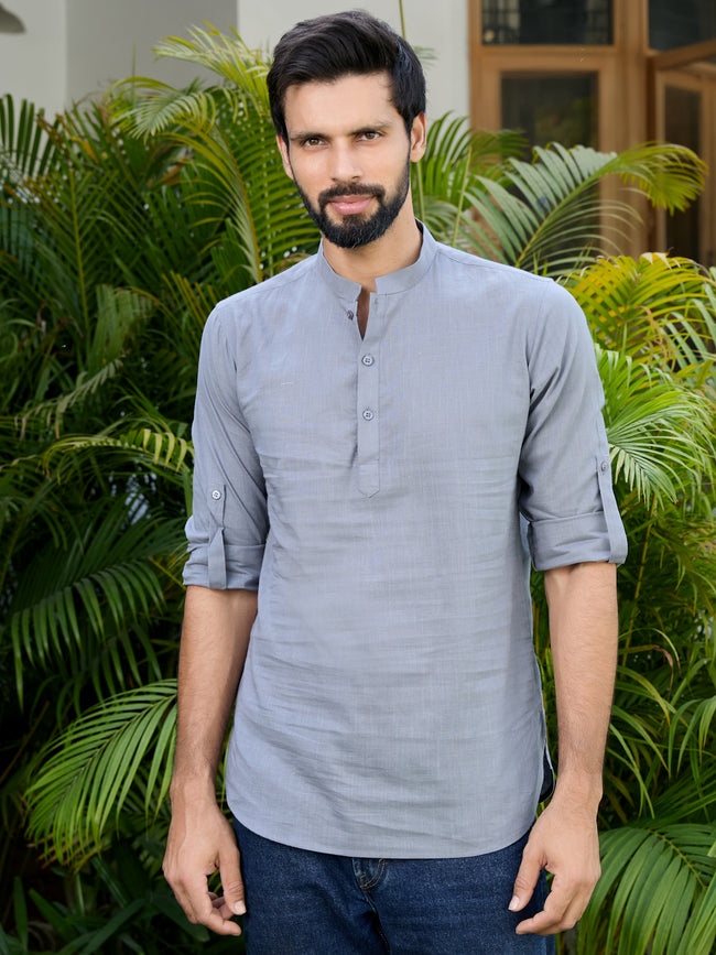 Men Grey Pure Cotton Slub Short Kurta