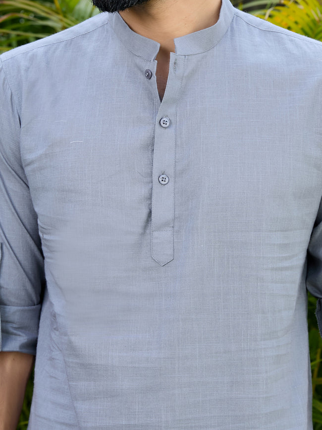 Men Grey Pure Cotton Slub Short Kurta