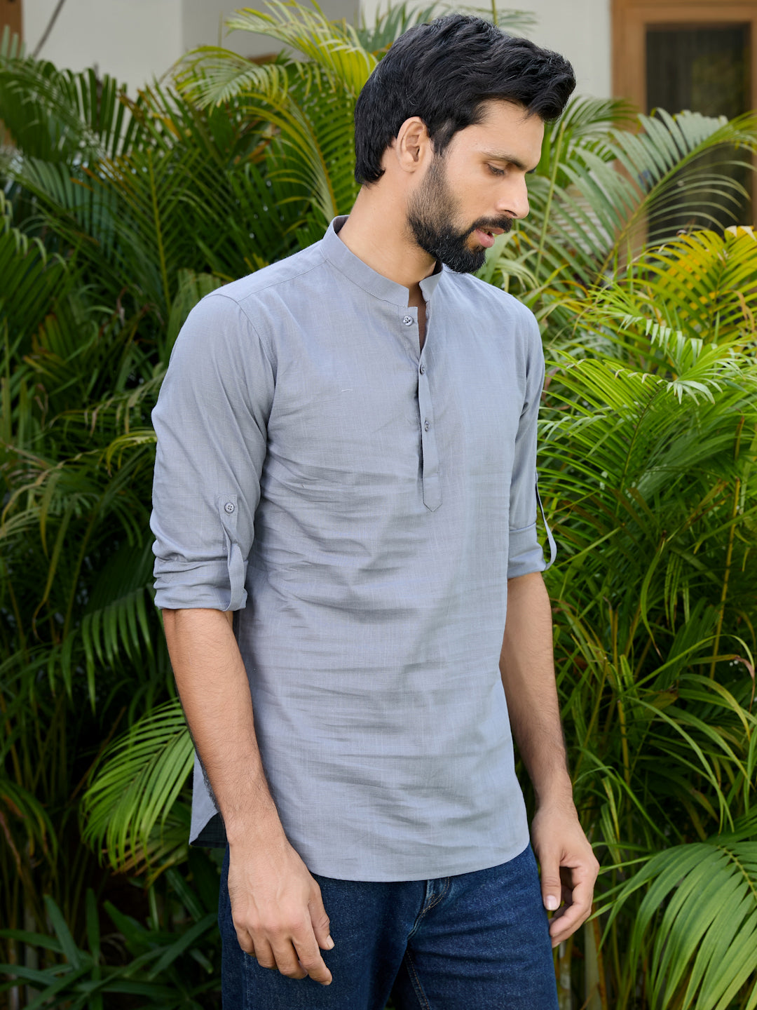 Men Grey Pure Cotton Slub Short Kurta