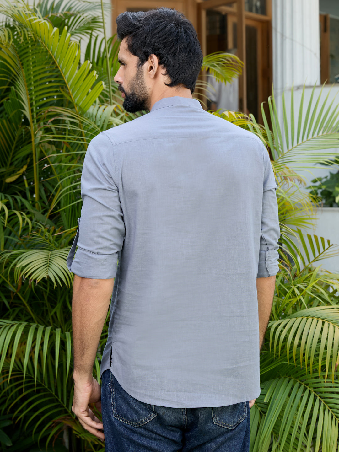 Men Grey Pure Cotton Slub Short Kurta