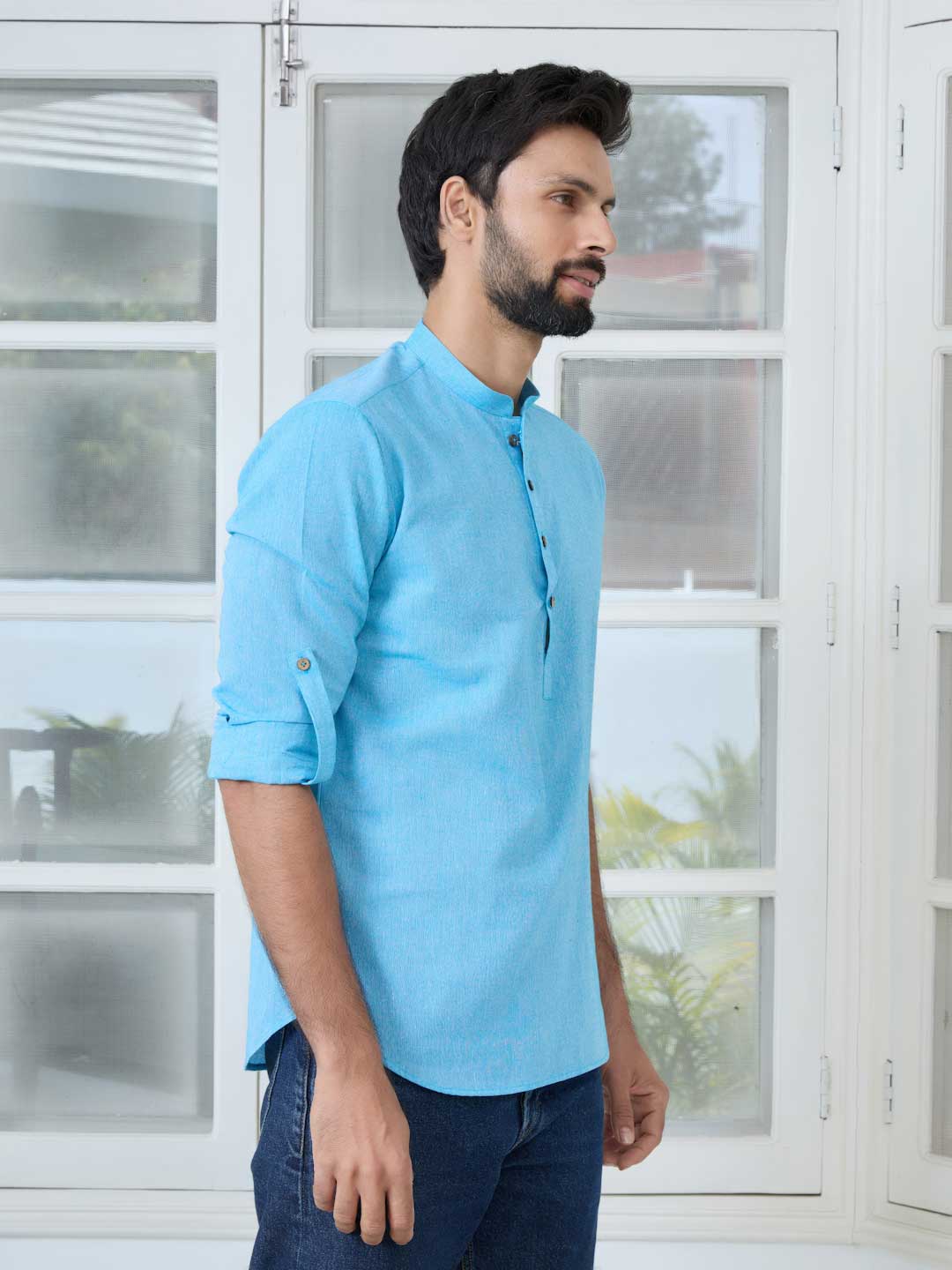 Men Blue Pure Cotton Short Kurta