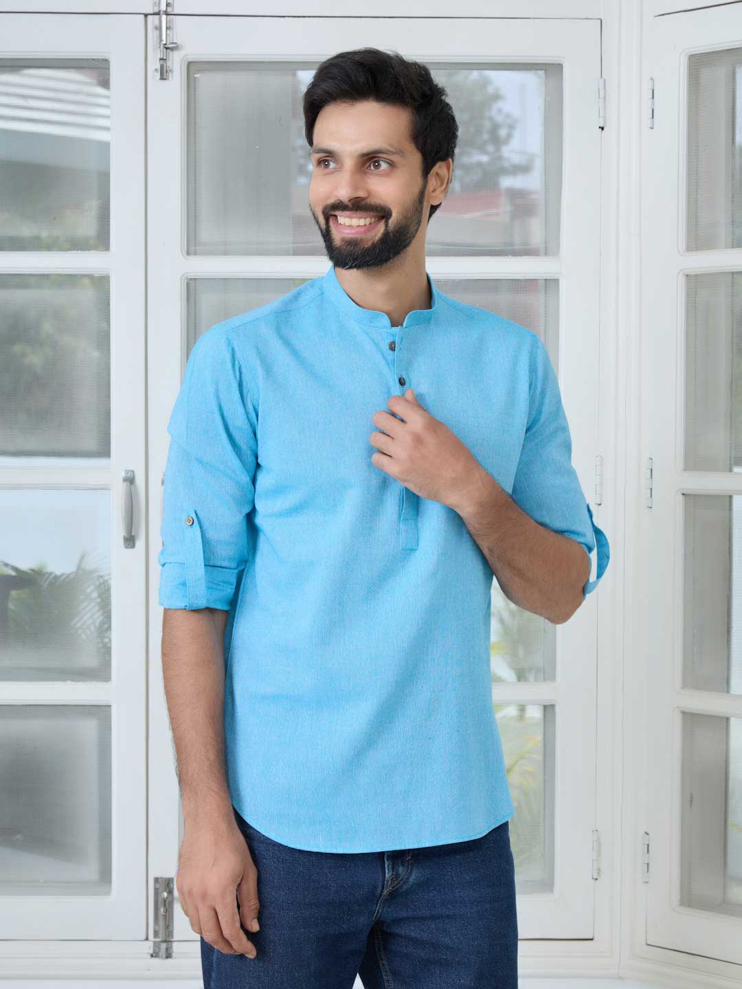 Men Blue Pure Cotton Short Kurta
