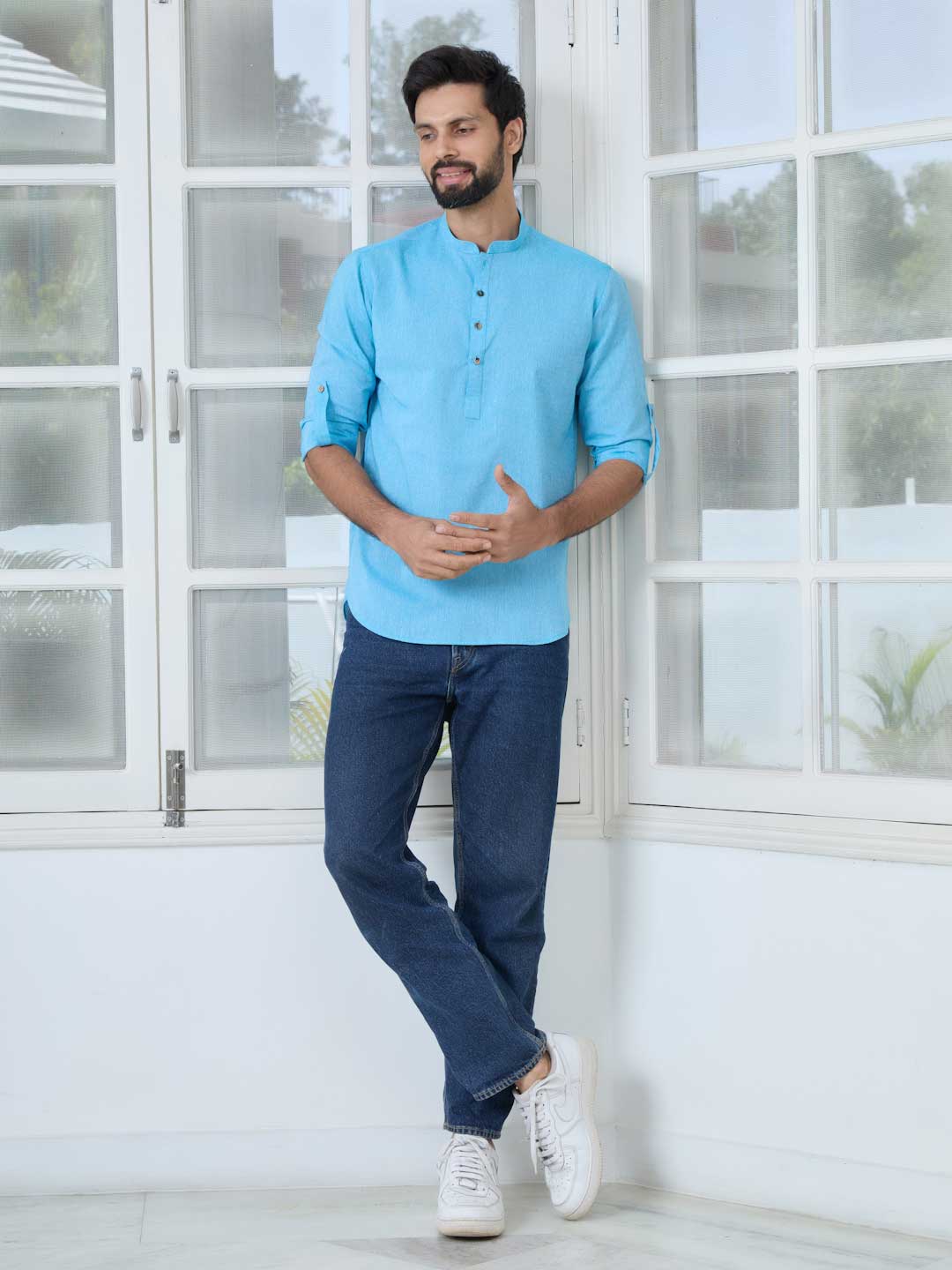 Men Blue Pure Cotton Short Kurta