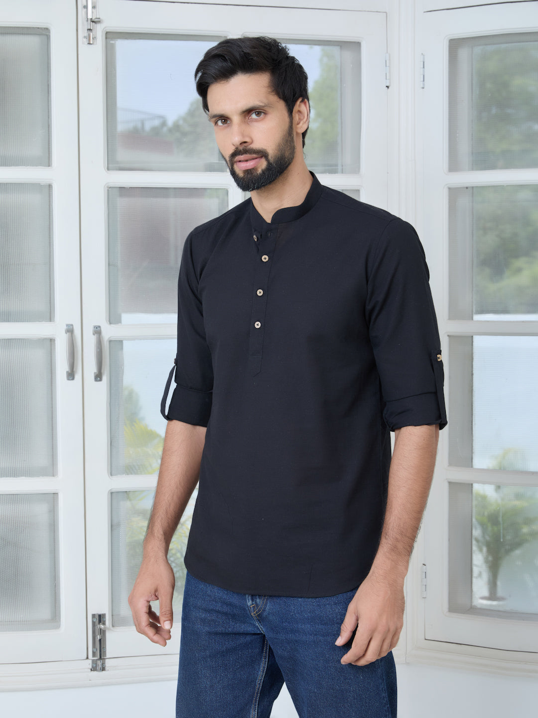 Men Black Pure Cotton Slub Short Kurta