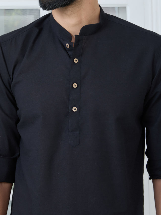Men Black Pure Cotton Slub Short Kurta