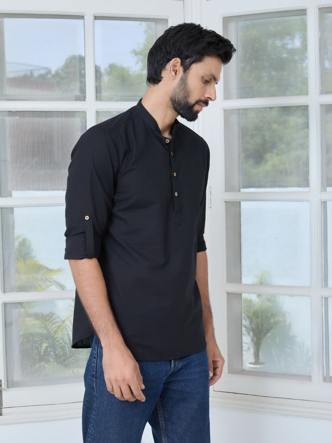 Men Black Pure Cotton Slub Short Kurta