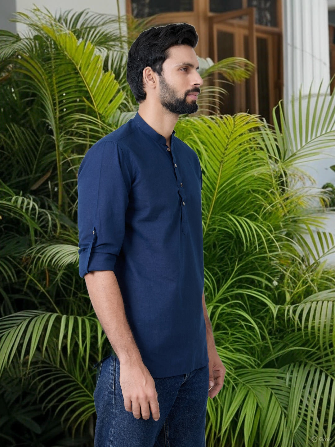 Men Navy Pure Cotton Slub Short Kurta