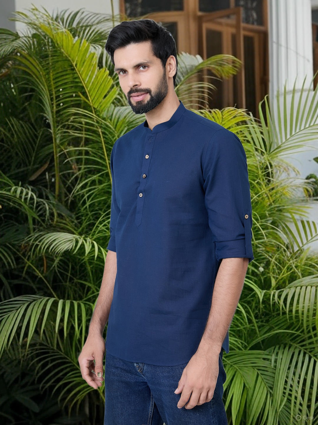 Men Navy Pure Cotton Slub Short Kurta