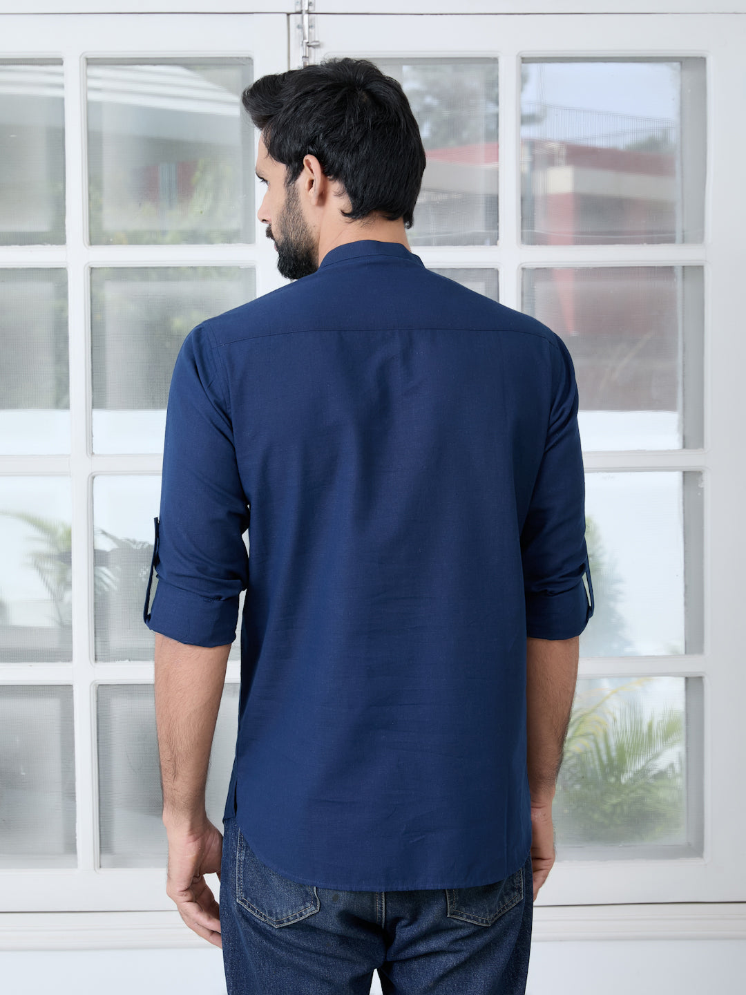 Men Navy Pure Cotton Slub Short Kurta