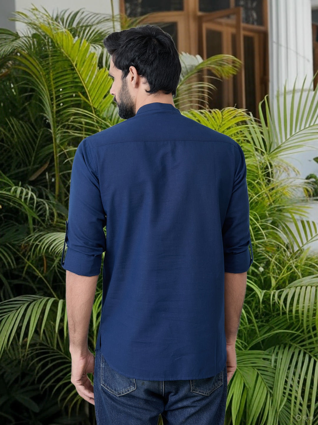 Men Navy Pure Cotton Slub Short Kurta