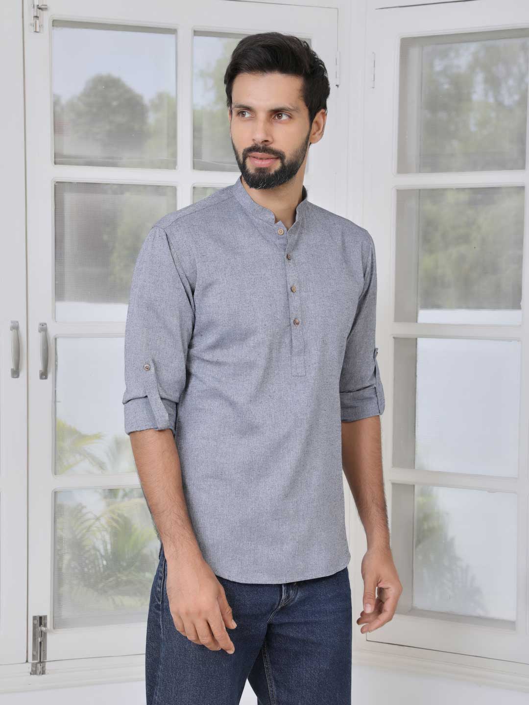 Men Grey Cotton Short Kurta