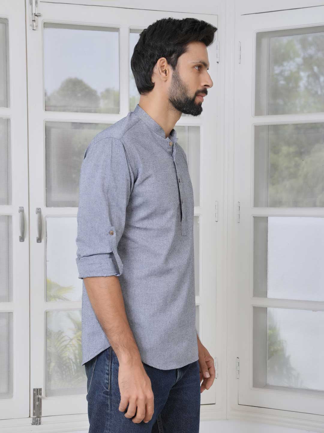 Men Grey Cotton Short Kurta