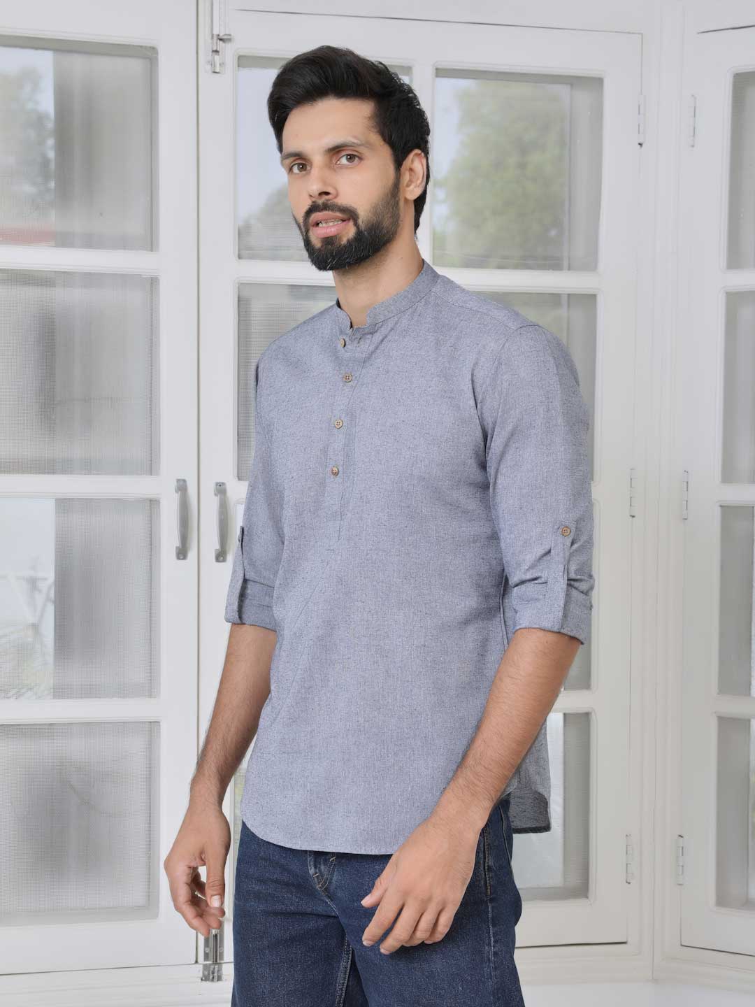 Men Grey Cotton Short Kurta