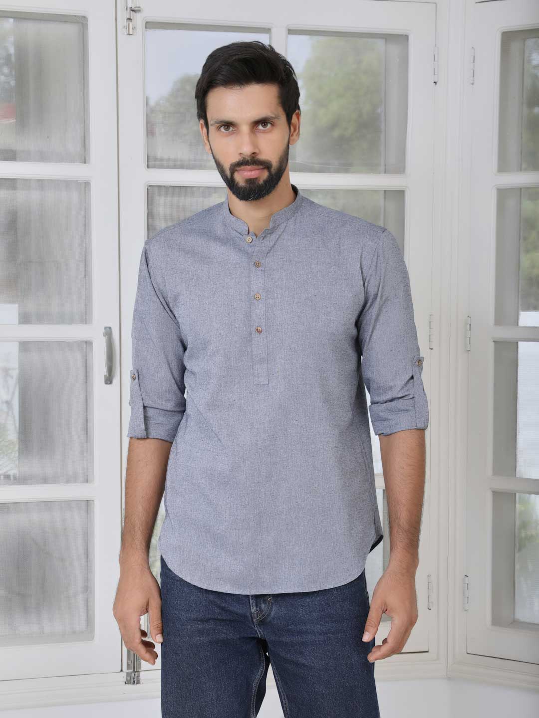 Men Grey Cotton Short Kurta
