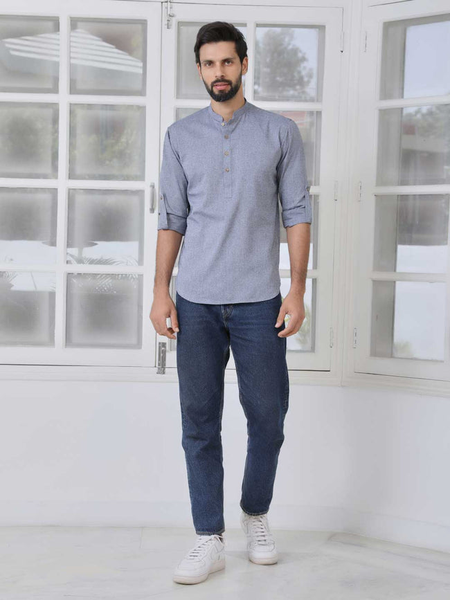 Men Grey Cotton Short Kurta