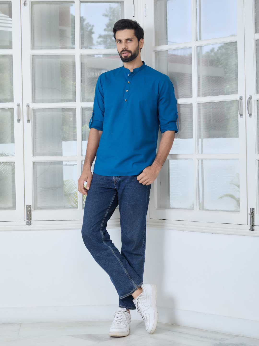 Men Blue Pure Cotton Slub Short Kurta