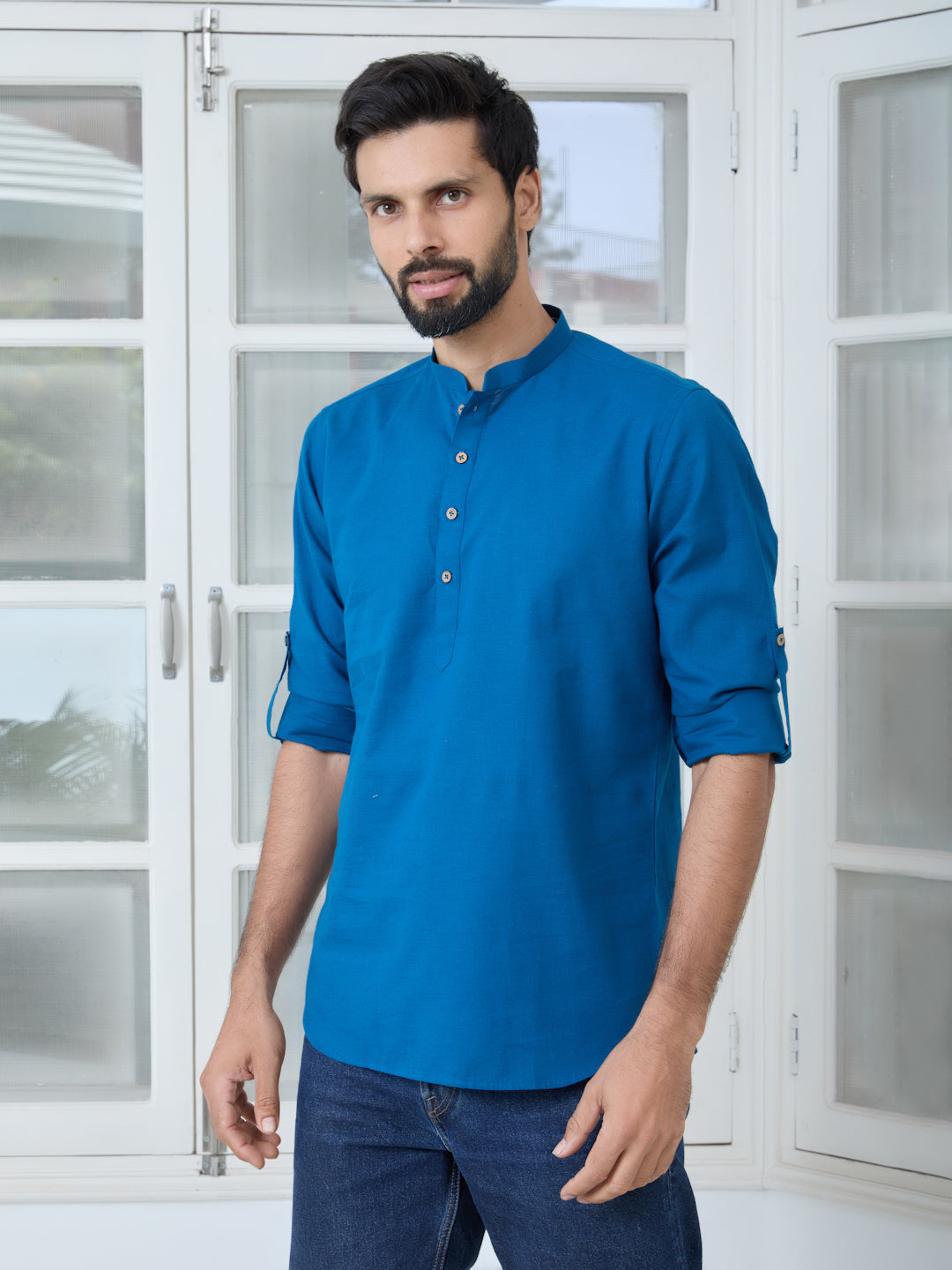 Men Blue Pure Cotton Slub Short Kurta