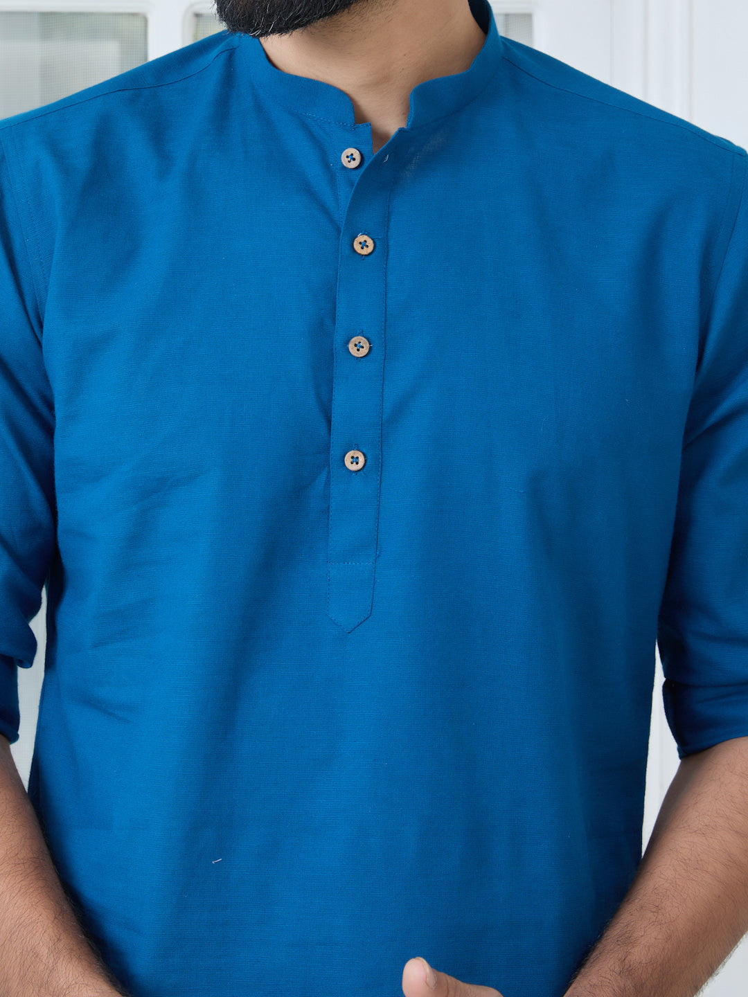 Men Blue Pure Cotton Slub Short Kurta