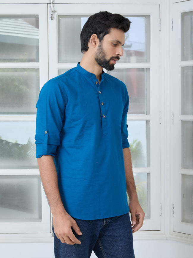 Men Blue Pure Cotton Slub Short Kurta