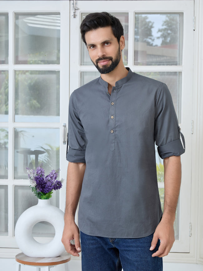 Men Dark Grey Solid Cotton Short Kurta