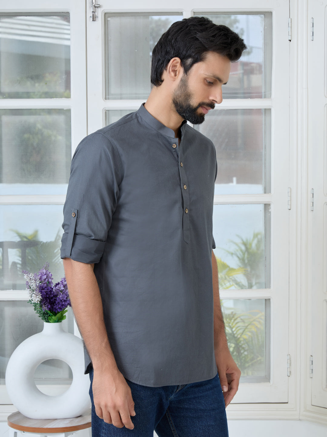 Men Dark Grey Solid Cotton Short Kurta