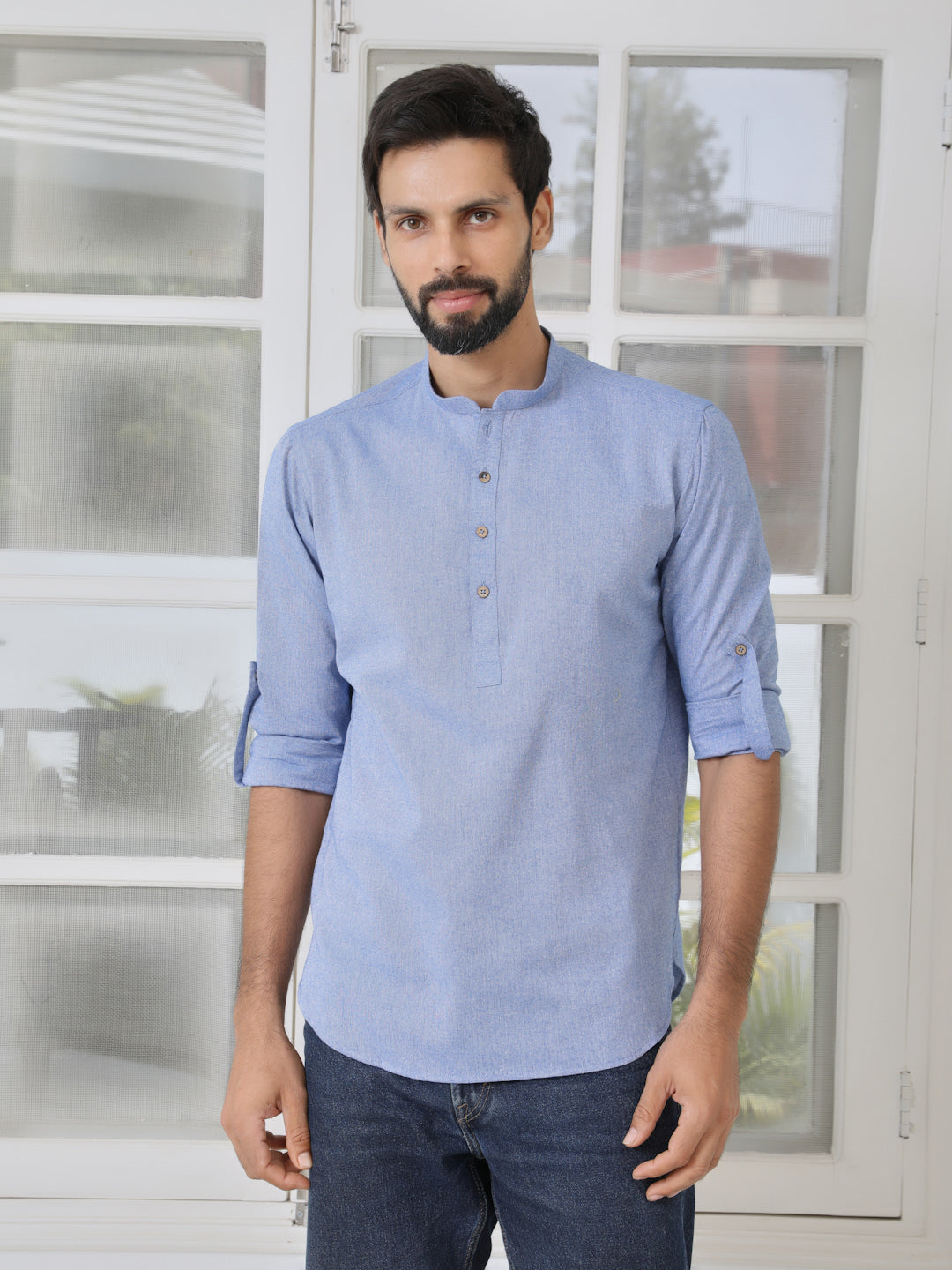 Men Indigo Solid cotton Short Kurta