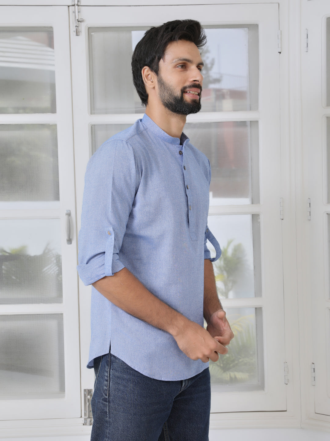 Men Indigo Solid cotton Short Kurta