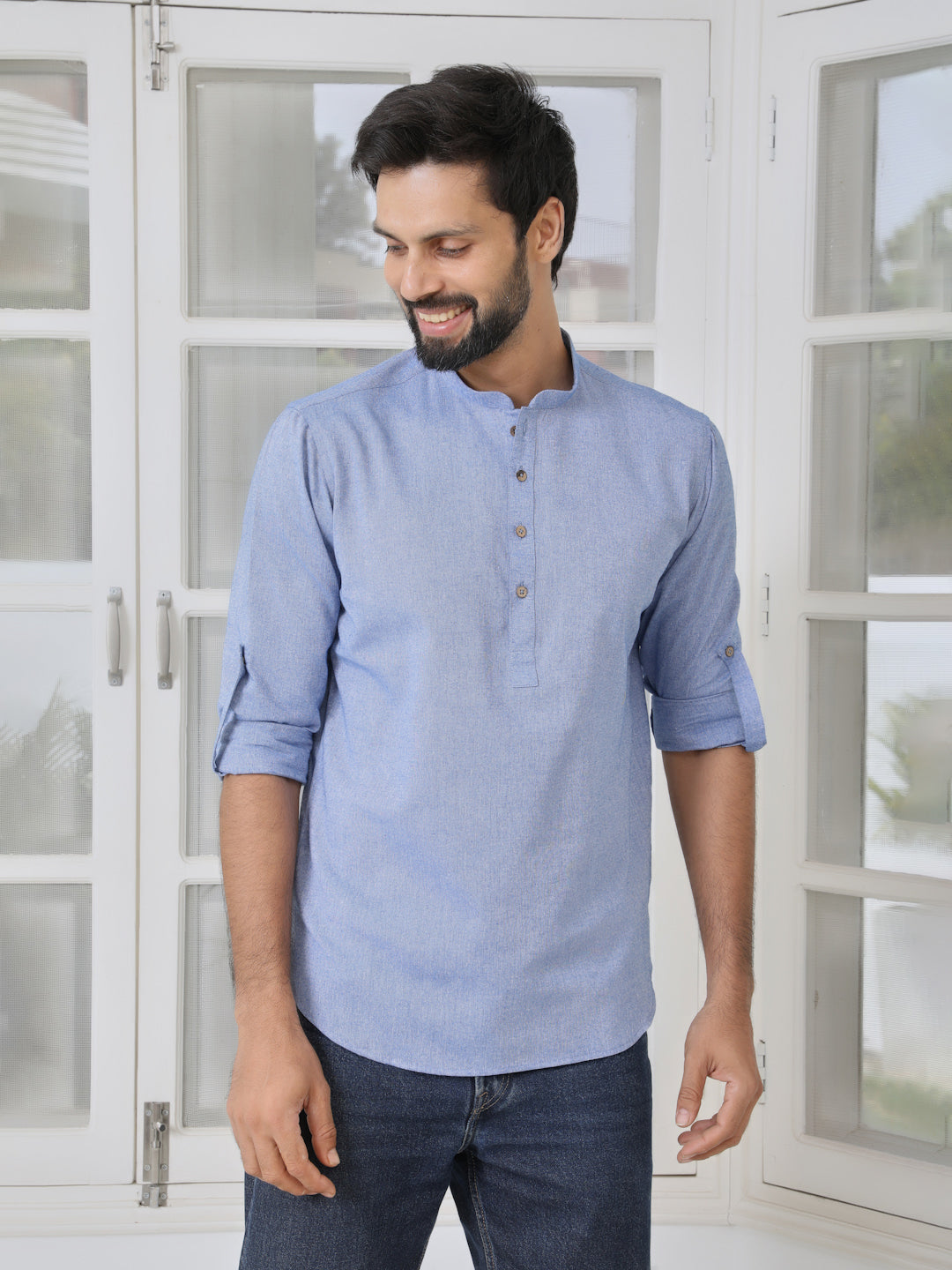Men Indigo Solid cotton Short Kurta