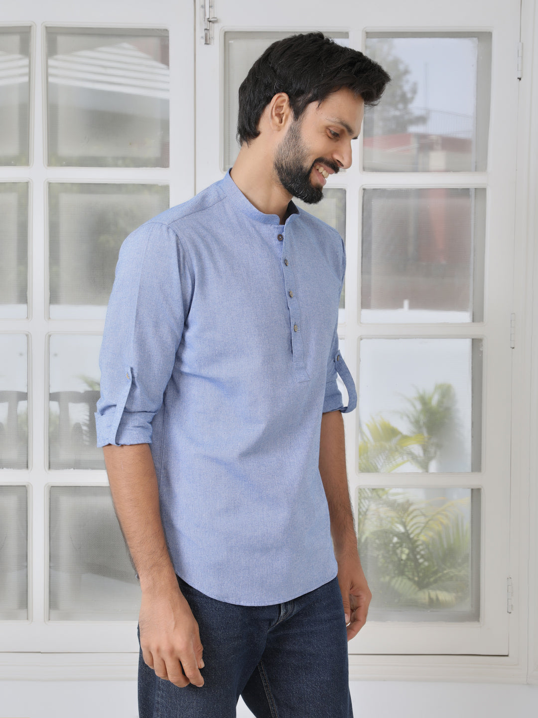 Men Indigo Solid cotton Short Kurta