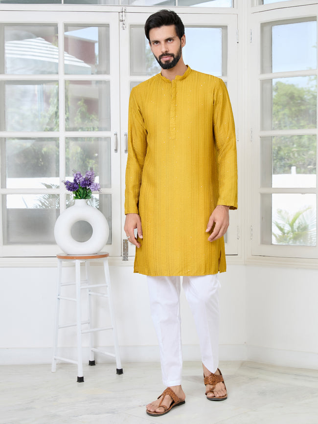Men Mustard Embroidered Sequinned Chanderi Silk Kurta