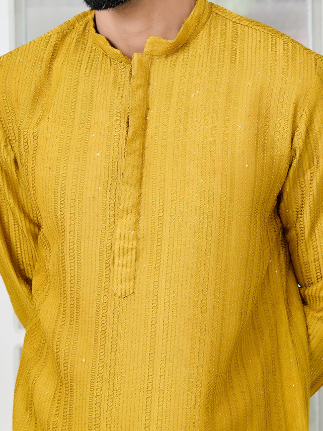 Men Mustard Embroidered Sequinned Chanderi Silk Kurta