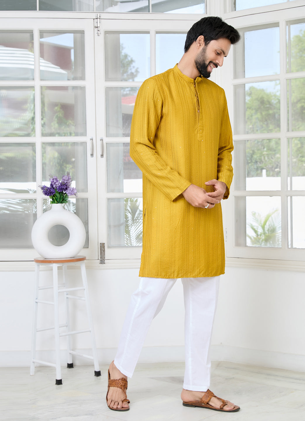 Men Mustard Embroidered Sequinned Chanderi Silk Kurta