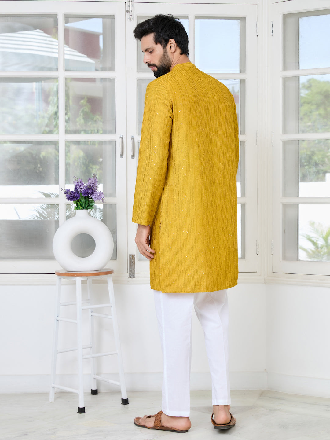 Men Mustard Embroidered Sequinned Chanderi Silk Kurta