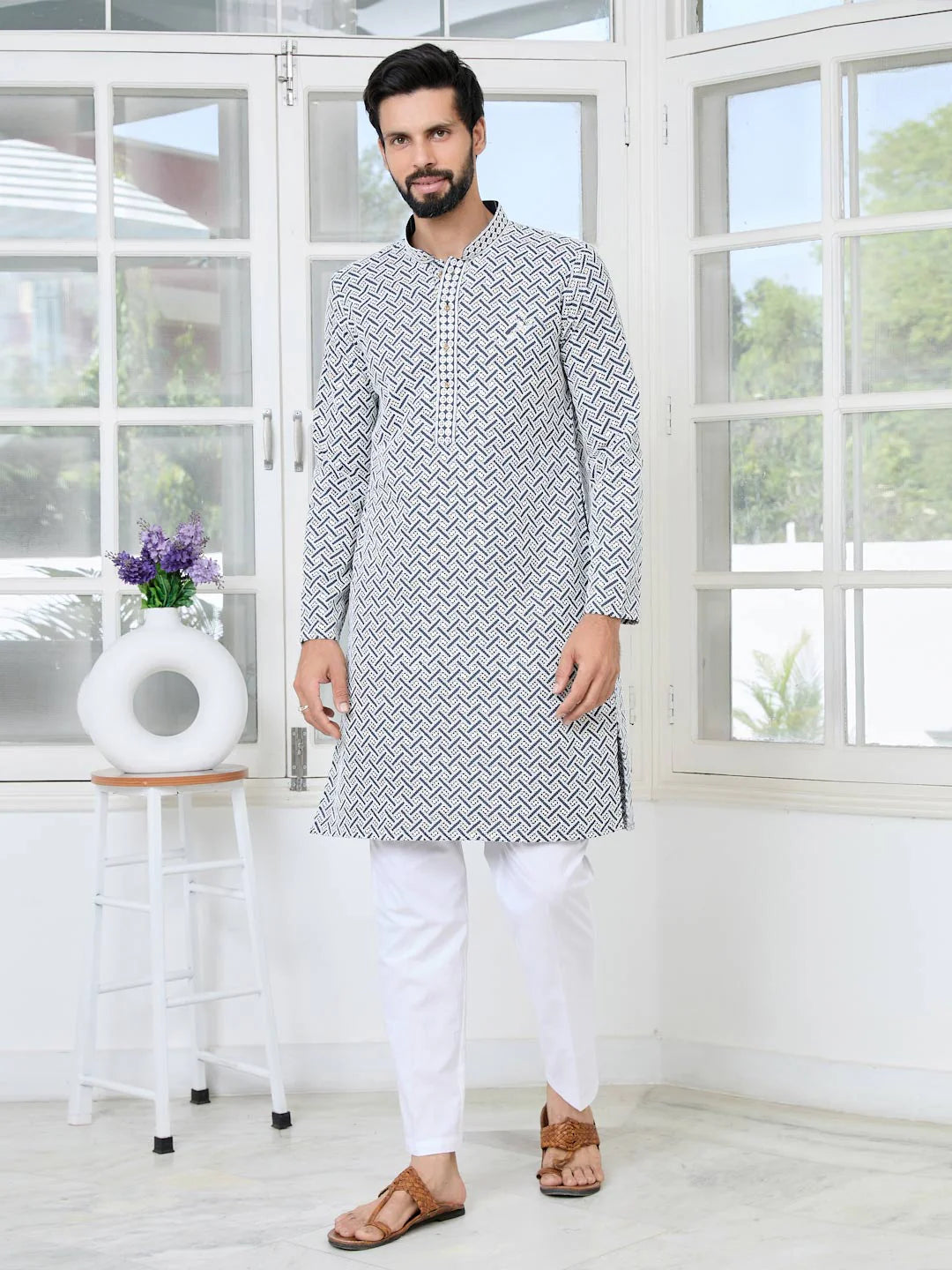 Men Grey Thread Embroidered And Sequinned Rayon Straight Kurta