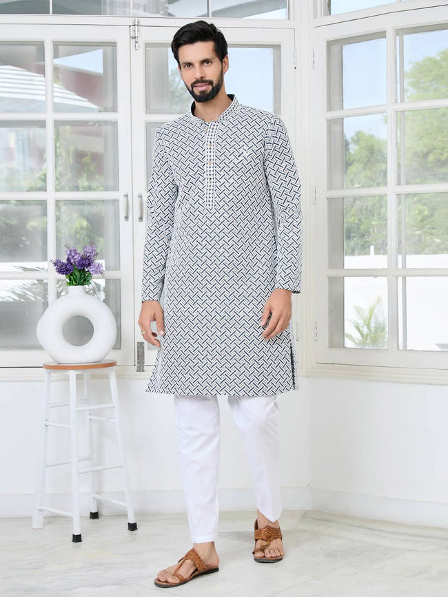 Men Grey Thread Embroidered And Sequinned Rayon Straight Kurta