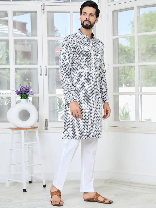 Men Grey Thread Embroidered And Sequinned Rayon Straight Kurta