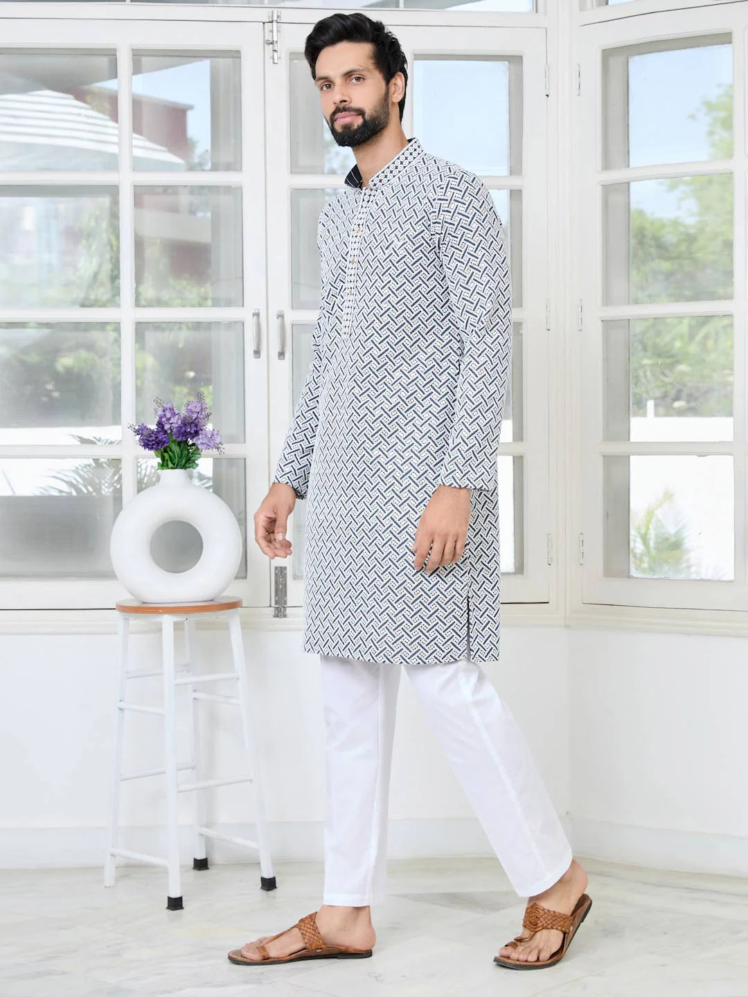 Men Grey Thread Embroidered And Sequinned Rayon Straight Kurta