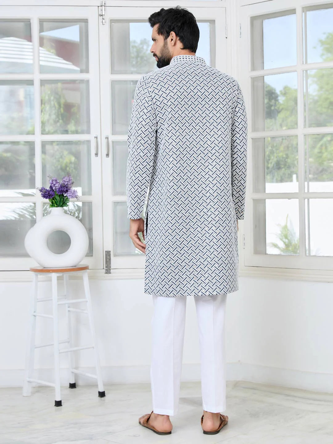 Men Grey Thread Embroidered And Sequinned Rayon Straight Kurta