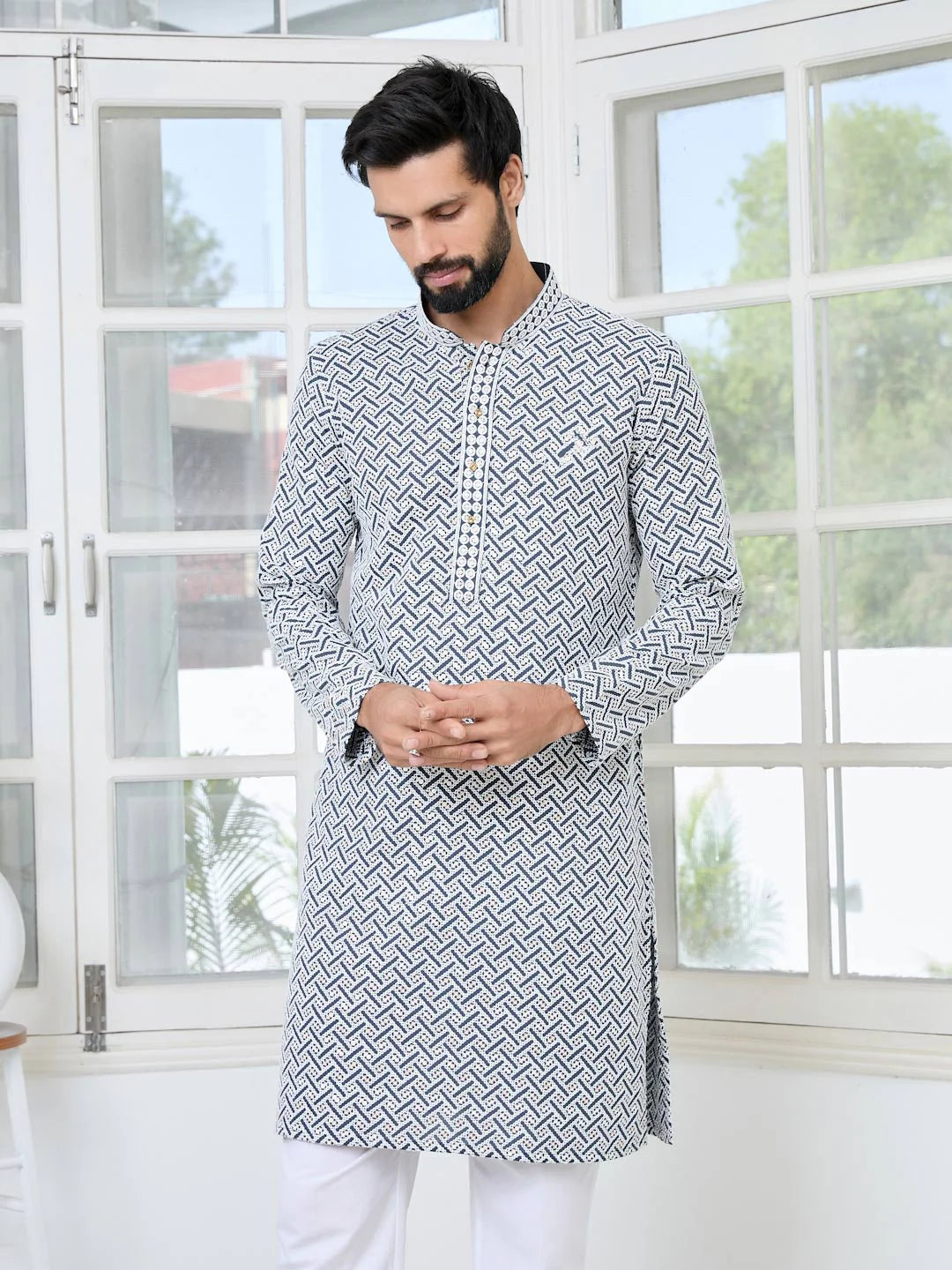 Men Grey Thread Embroidered And Sequinned Rayon Straight Kurta