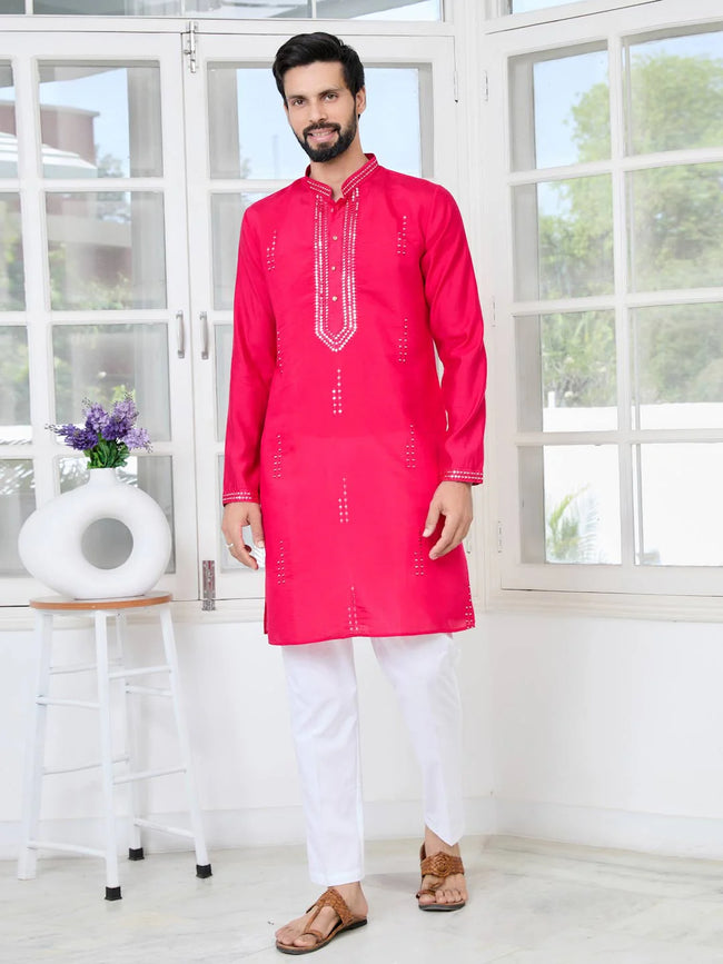 Men Pink Embroidered Sequins Cotton Chanderi Straight Kurta