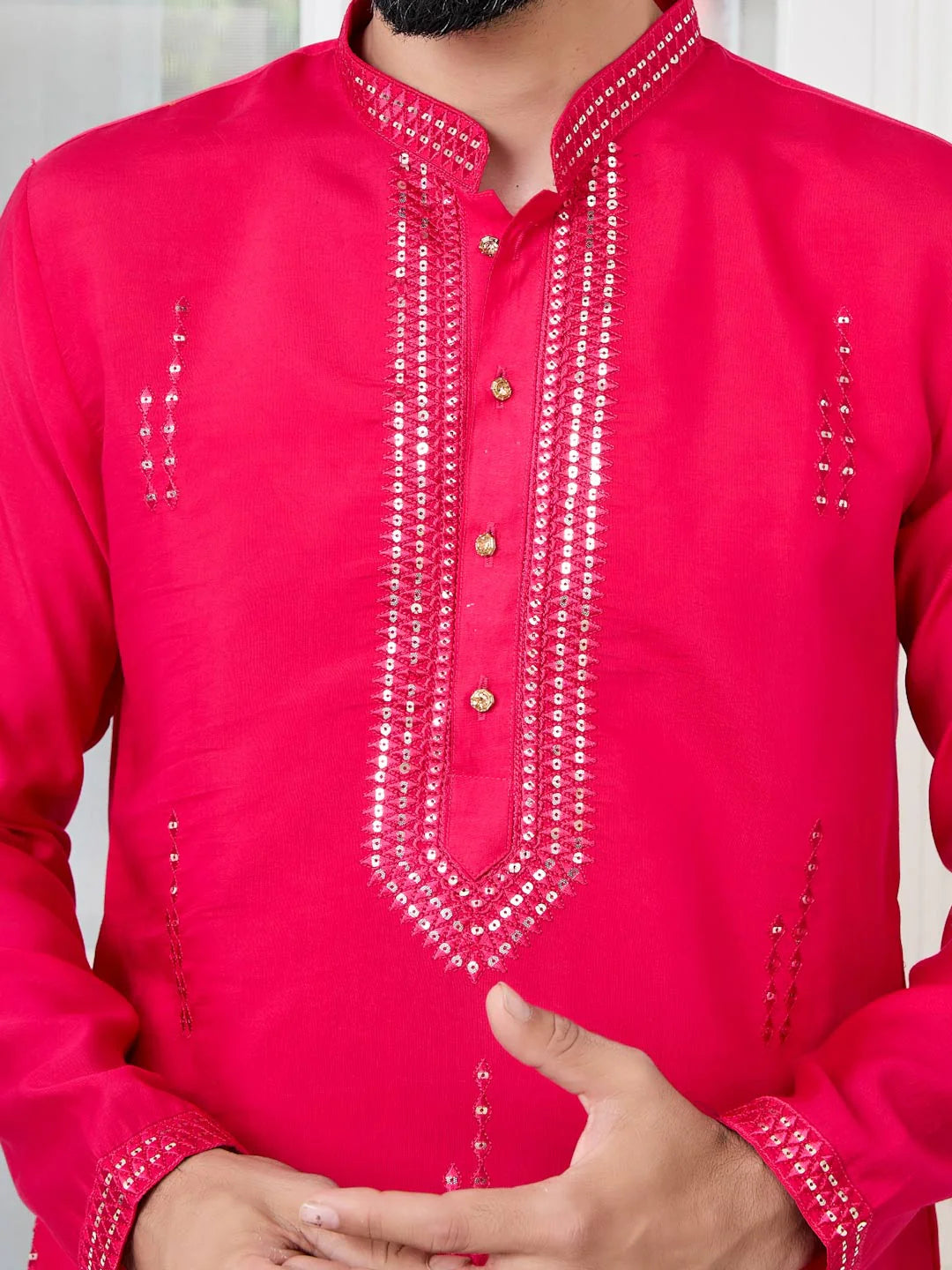 Men Pink Embroidered Sequins Cotton Chanderi Straight Kurta