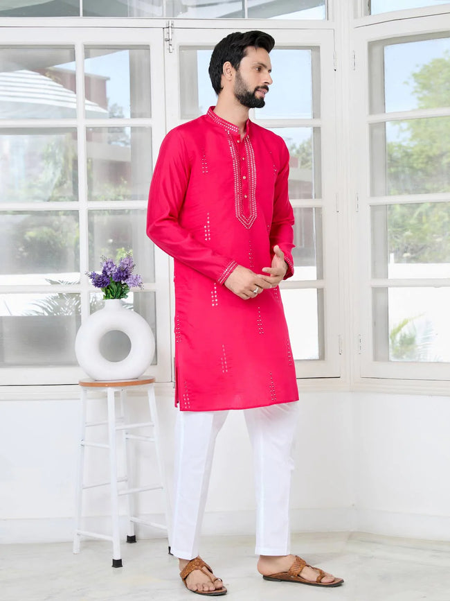 Men Pink Embroidered Sequins Cotton Chanderi Straight Kurta