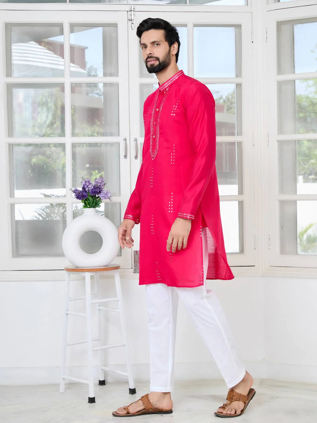 Men Pink Embroidered Sequins Cotton Chanderi Straight Kurta