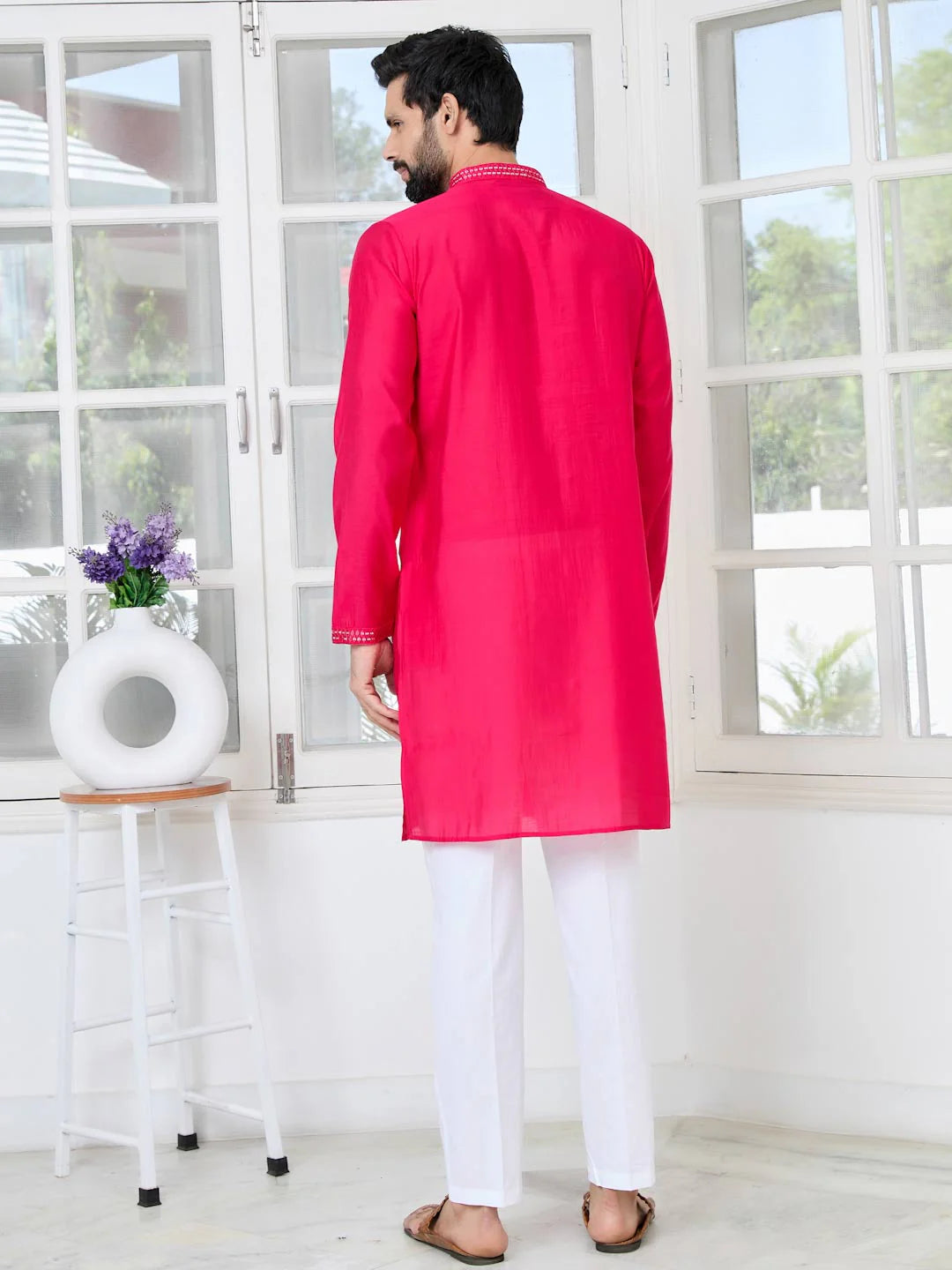 Men Pink Embroidered Sequins Cotton Chanderi Straight Kurta