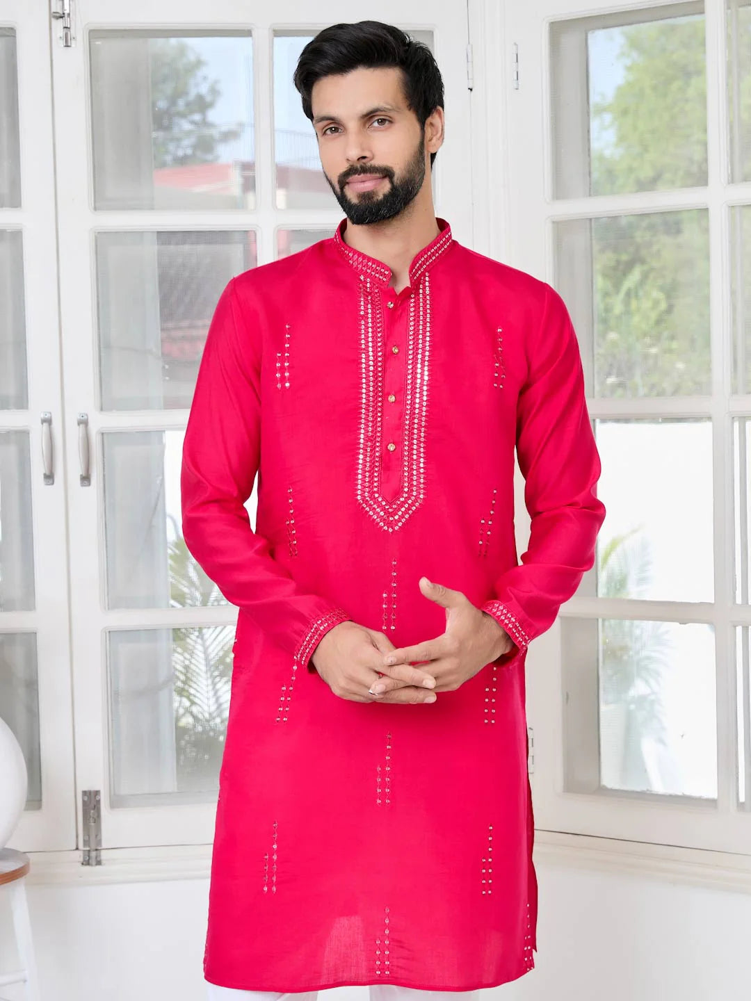 Men Pink Embroidered Sequins Cotton Chanderi Straight Kurta