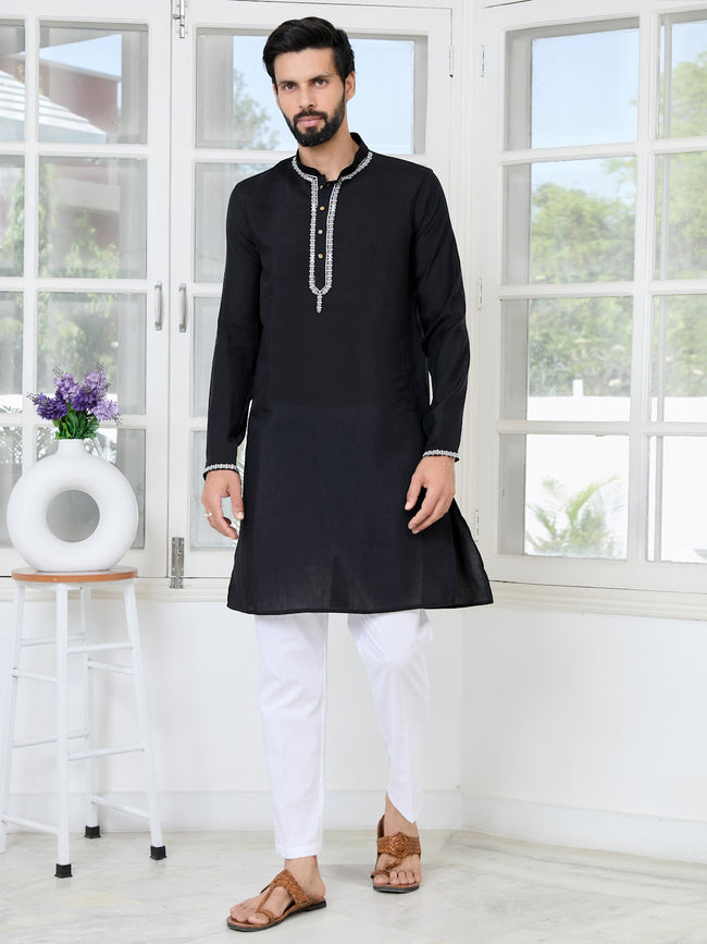 Men Black Chanderi Straight Kurta With Yoke Design