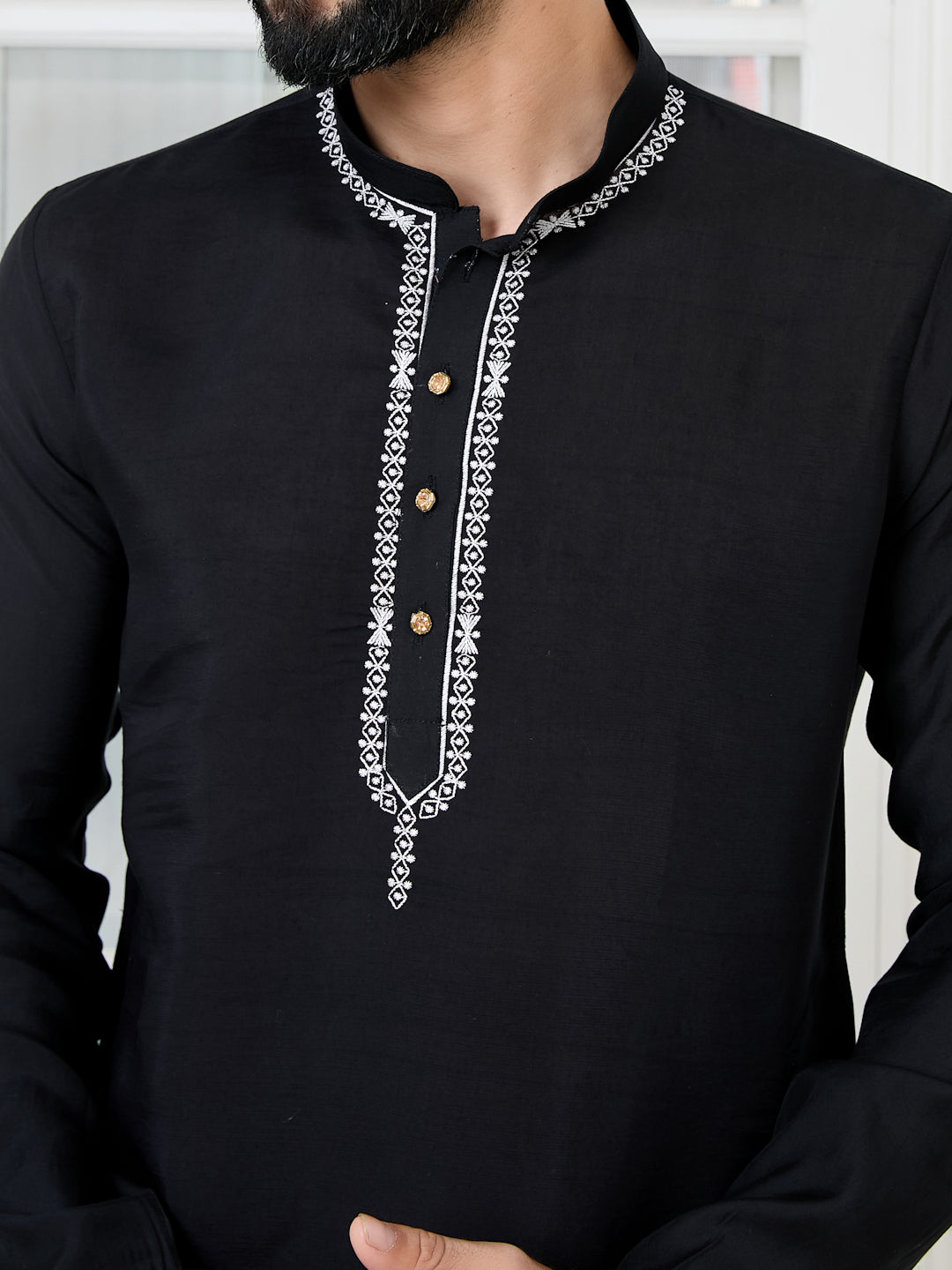 Men Black Chanderi Straight Kurta With Yoke Design
